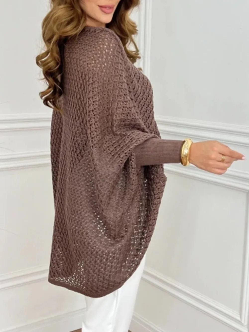 Crochet V-Neck Batwing Sleeves Oversized Sweater, image 6