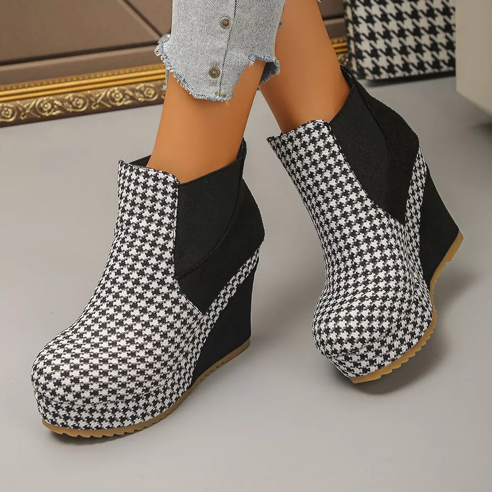 Houndstooth Pattern Wedge Ankle Boots, image 2