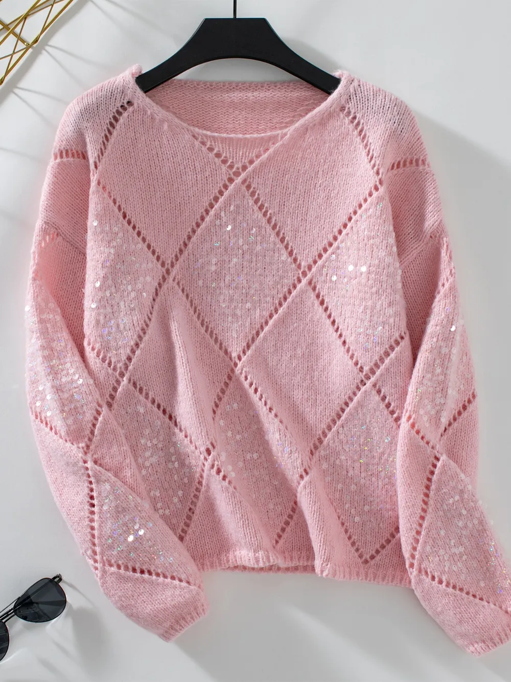 Openwork Round Neck Long Sleeve Knit Top, image 6