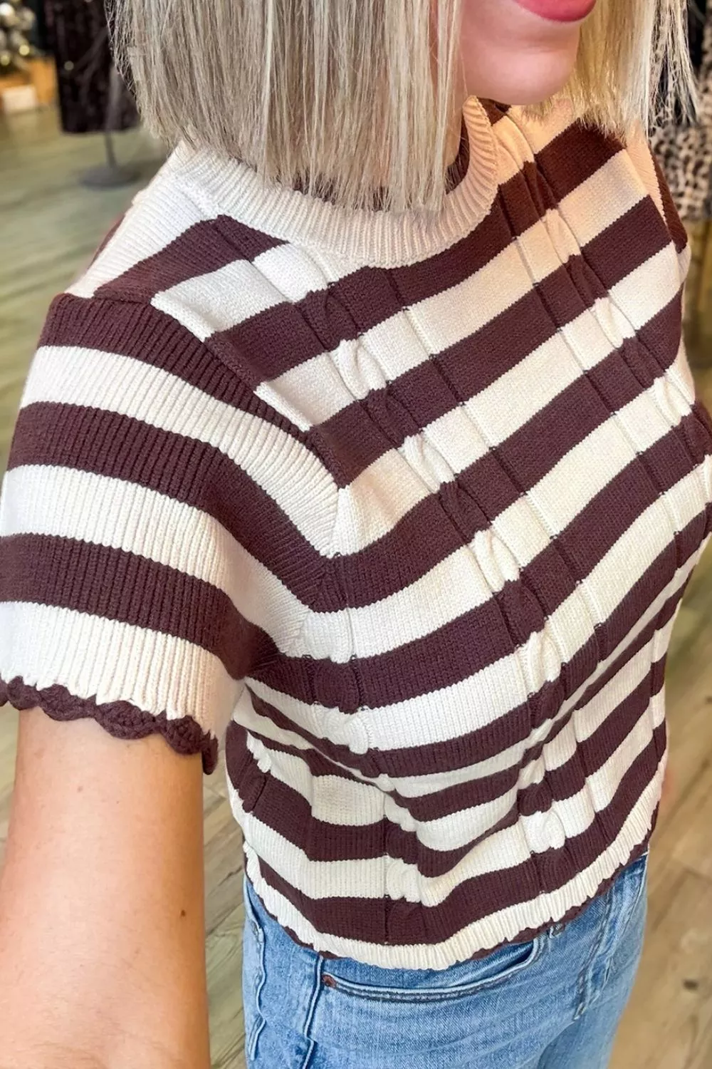 Stripe Ribbed Knit Cable Detail Short Sleeve Sweater, image 4