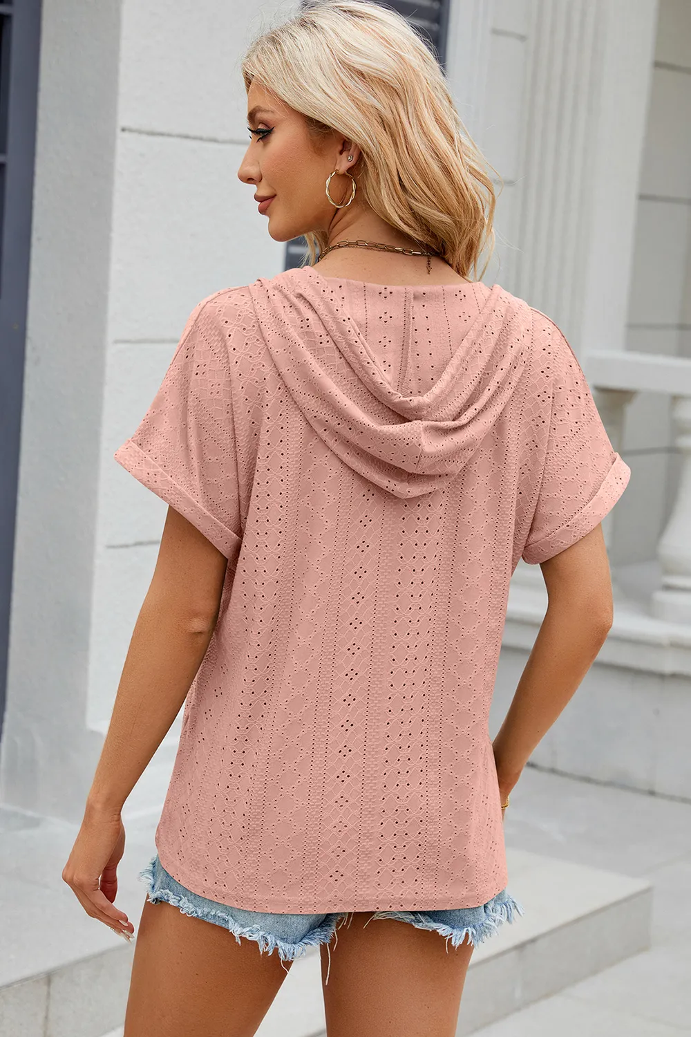 Eyelet Drawstring Hooded Short Sleeve Blouse, image 32