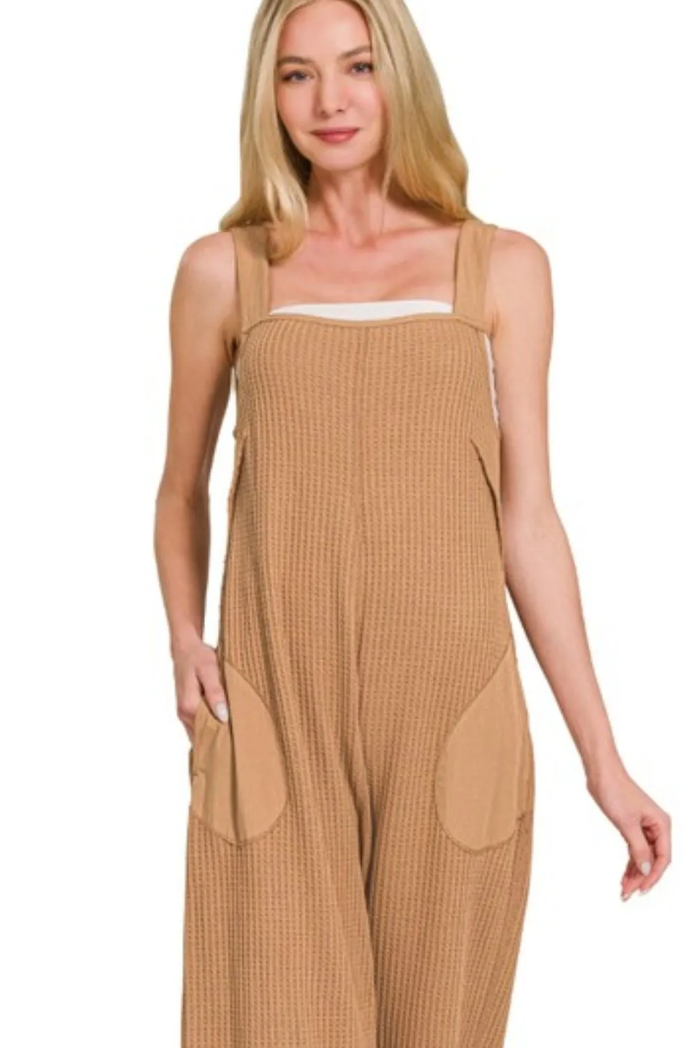 Knit Waffle Wide Leg Overalls, image 2