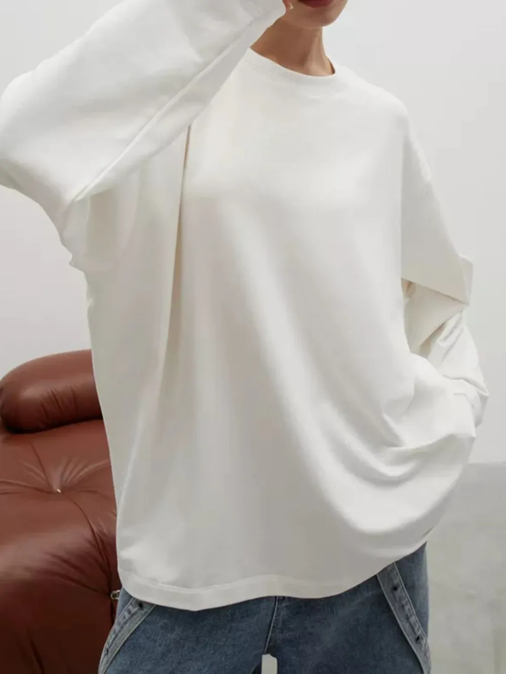 Round Neck Dropped Shoulder Long Sleeve T-Shirt, image 3