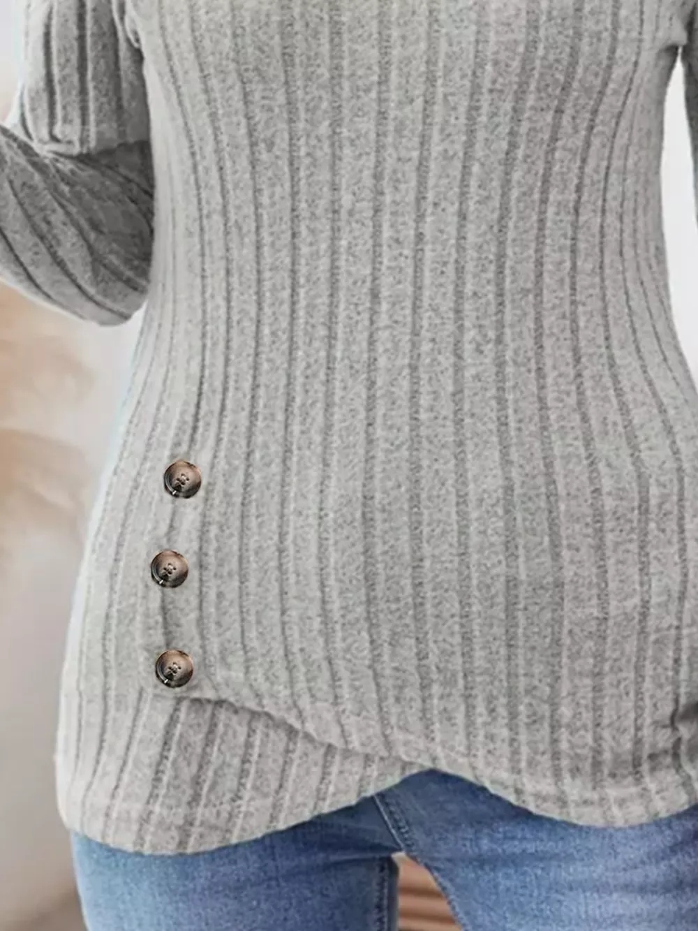 Ribbed Knit Notched Long Sleeve Top, image 12