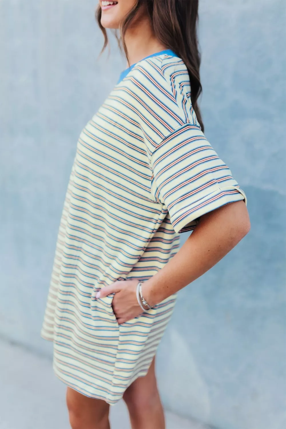 Stripe Drop Shoulder Cuffed Sleeve Loose Tunic T Shirt Mini Dress, image 4
