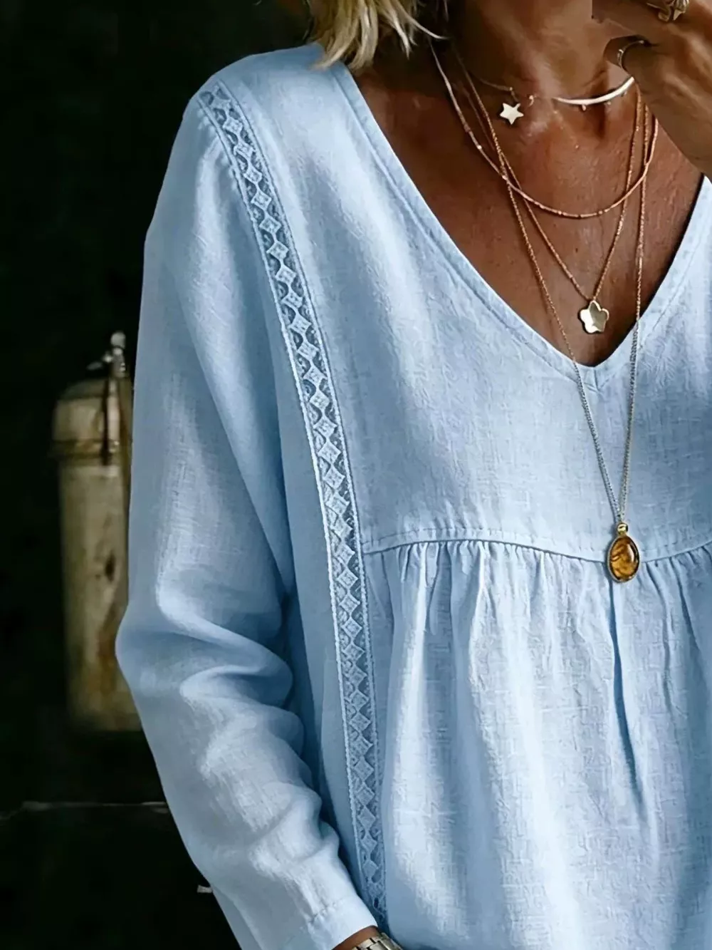 Full Size V-Neck Lace Trimmed Long Sleeve Blouse Plus Size, image 4