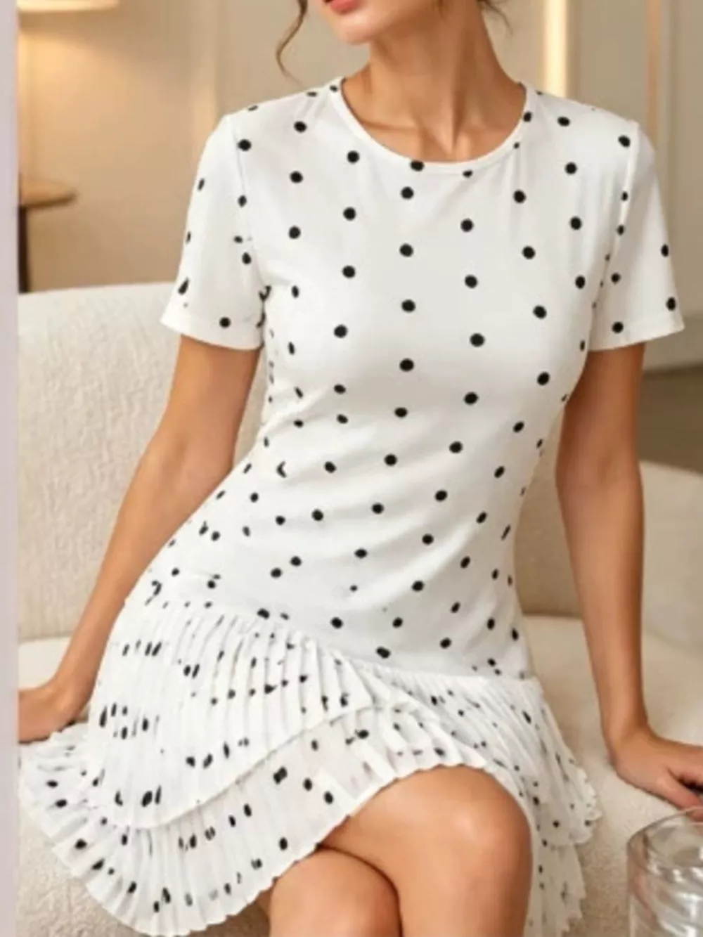 Polka Dot Pleated Hem Mini Dress, image 4