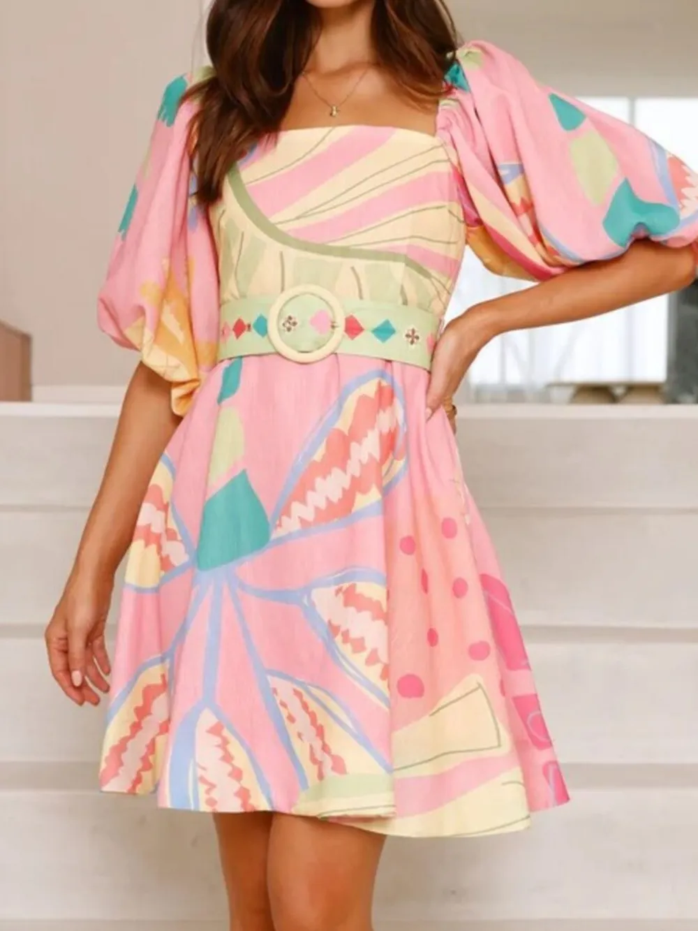 Colorful Print Belted Mini Dress with Puff Sleeves, image 4