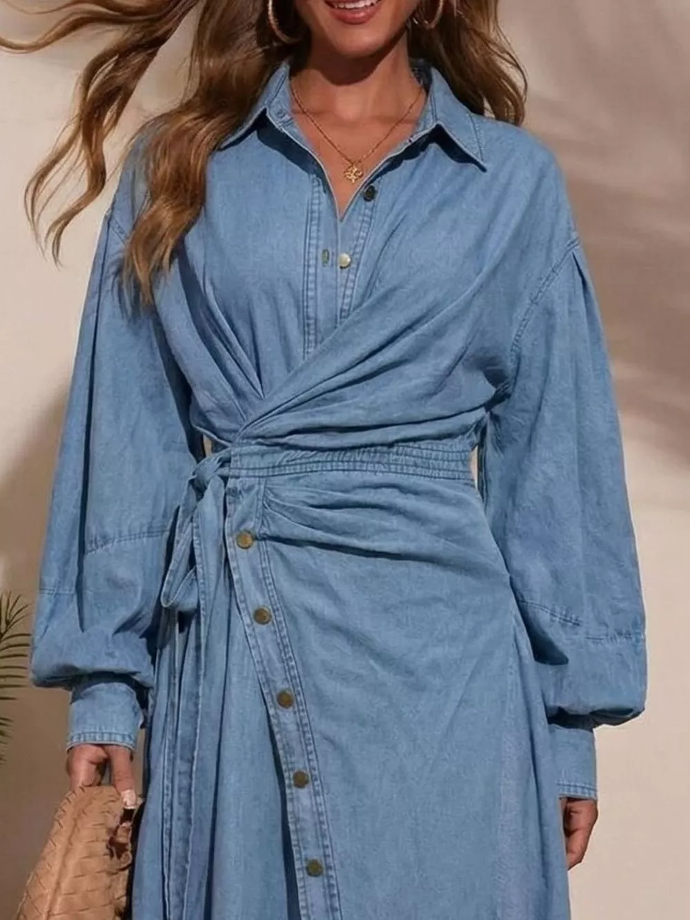 Long Sleeve Wrap-Front Denim Dress, image 2