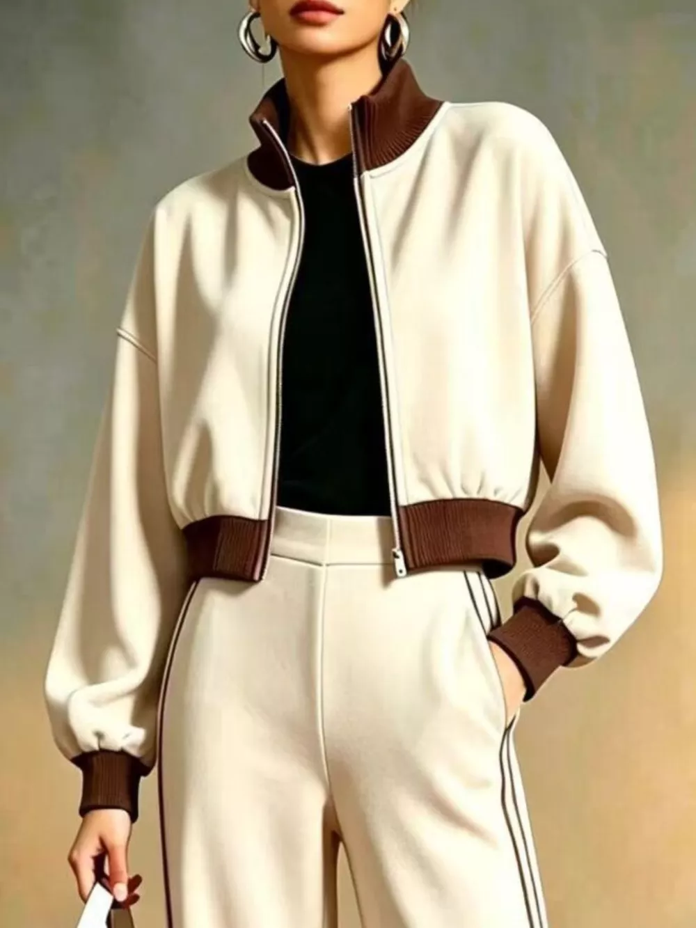 Contrast Ribbed Jacket and Wide-Leg Pants Tracksuit Set, image 2