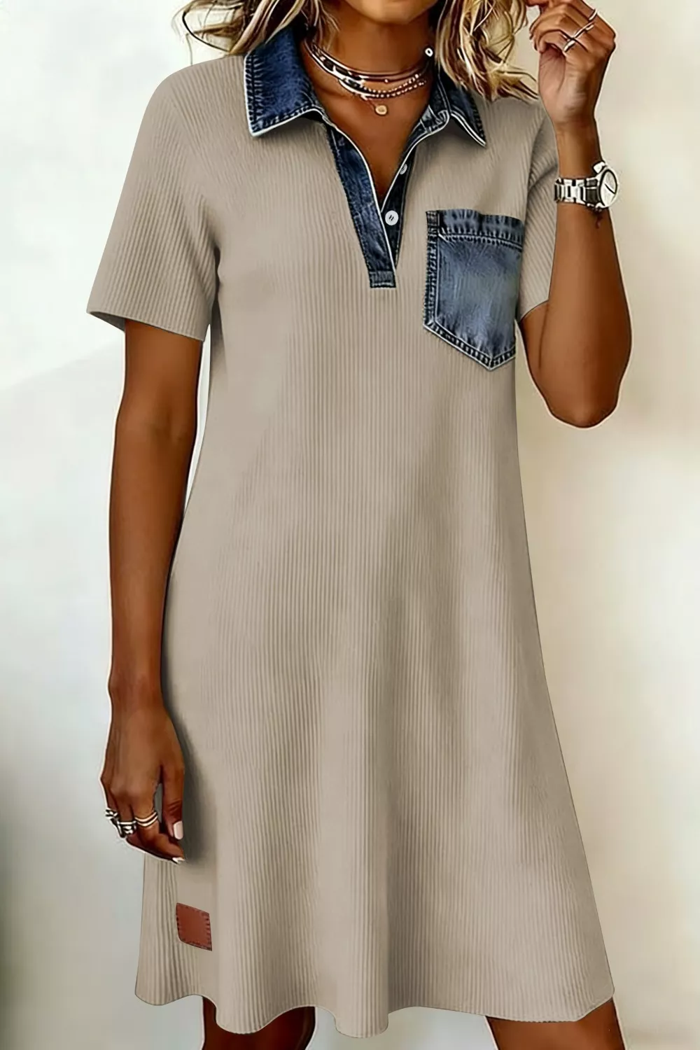 Casual Ribbed Knit Denim Trim Mini Dress, image 2