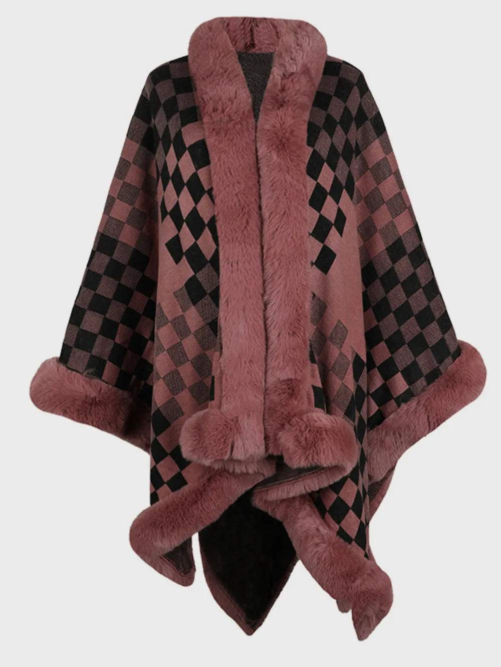 Fuzzy Checkered Long Sleeve Poncho, image 8