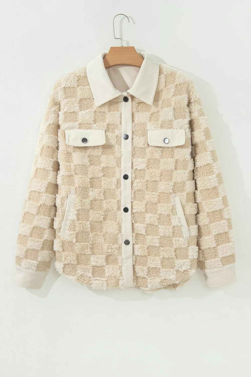 Plush Checkered Corduroy Trim Metal Button Long Sleeve Shift Silhouette Shacket, image 6
