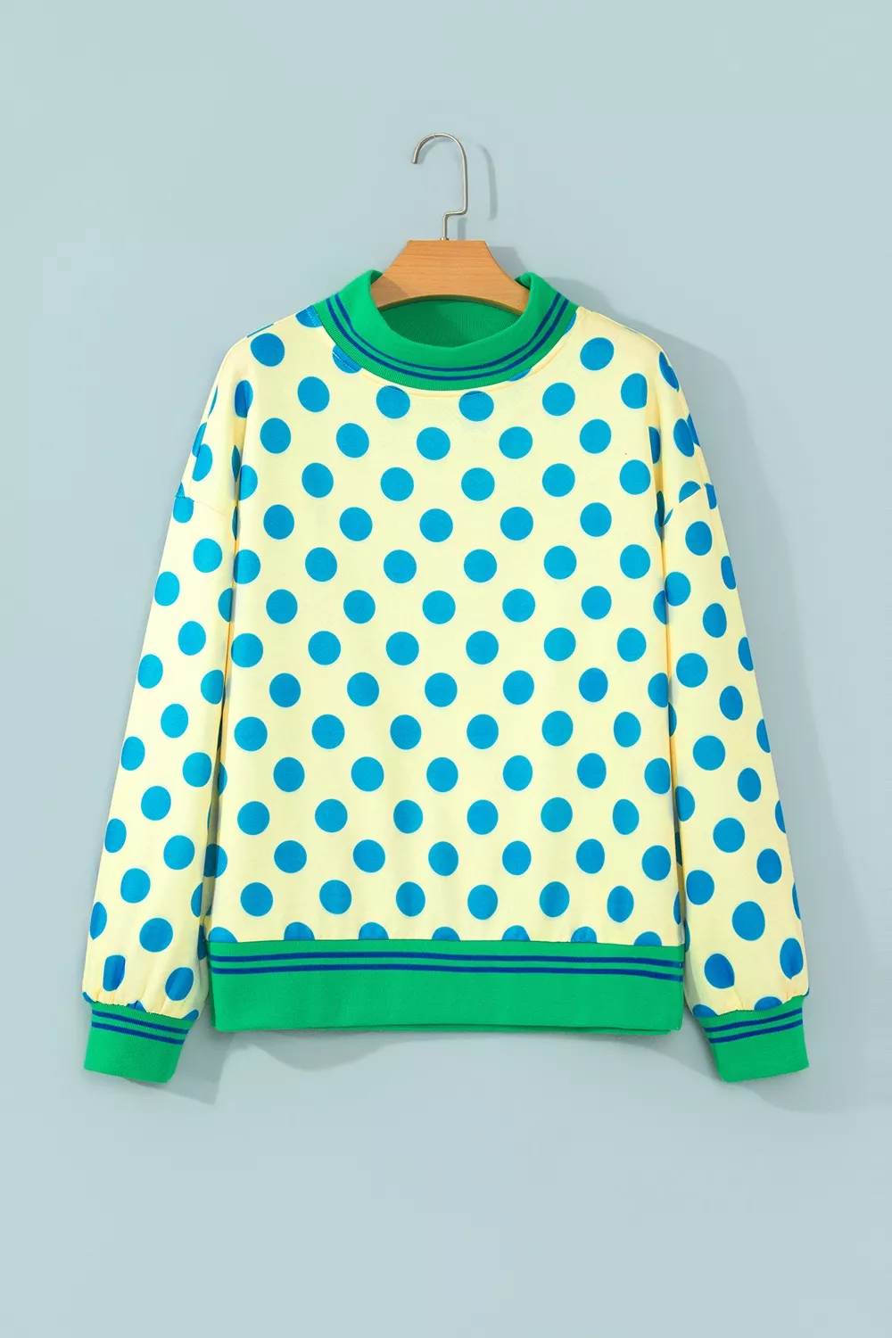 Polka Dot Mock Neck Sweatshirt with Striped Ribbed Trim, image 2