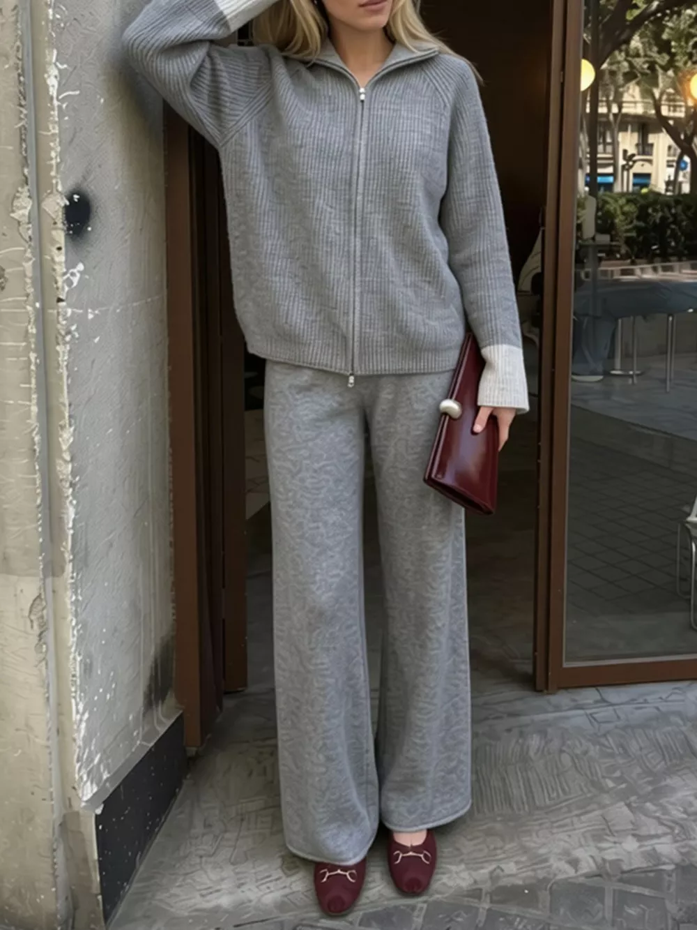 Zip-Up Contrast Cuff Cardigan and Pants Sweater Set, image 10