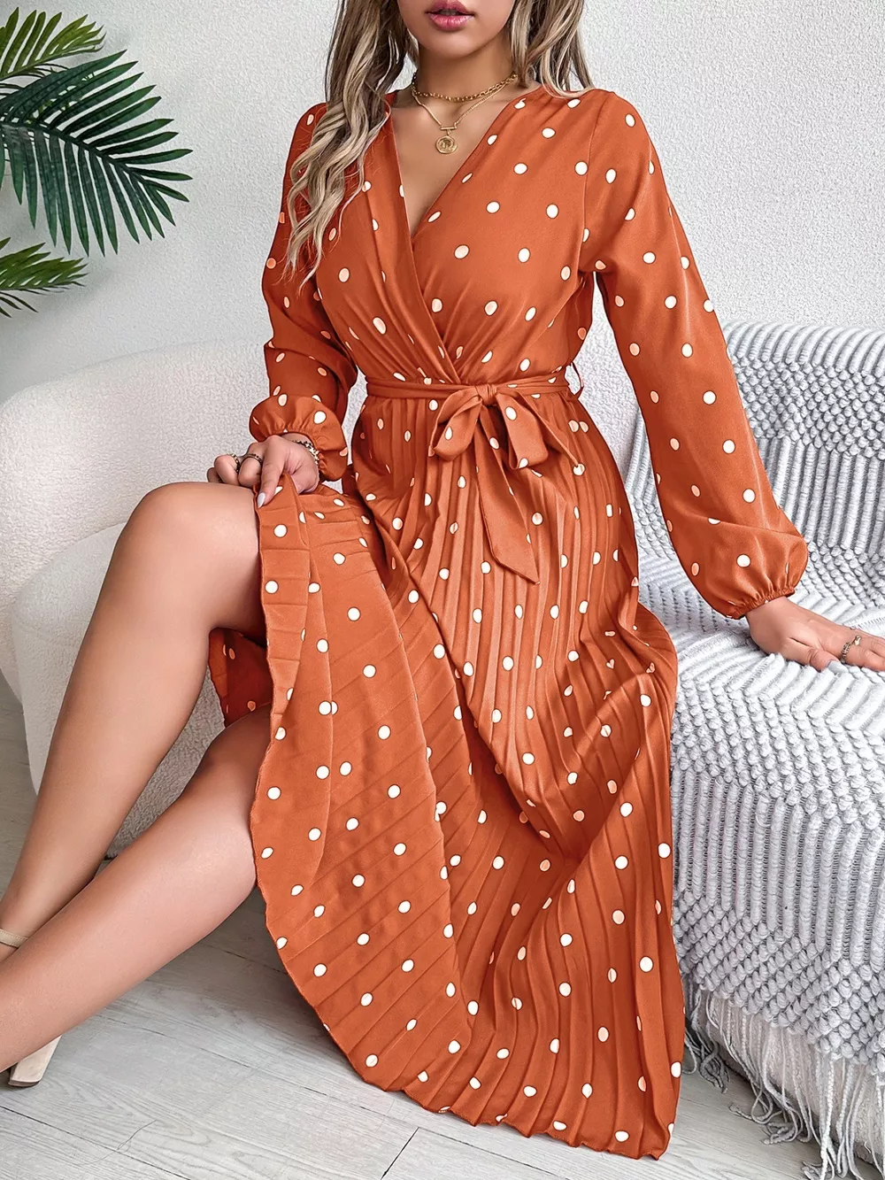 Front Tie Polka Dot Midi Pleated Dress, image 21