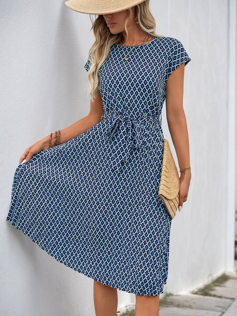 Printed Round Neck Short Sleeve Midi Dress, image 3