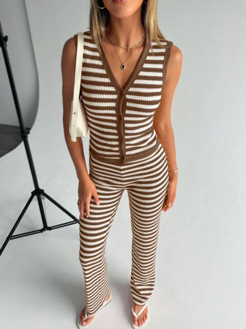 Striped Knit V-Neck Button-Up Sleeveless Top and Flare Pants Set, image 9