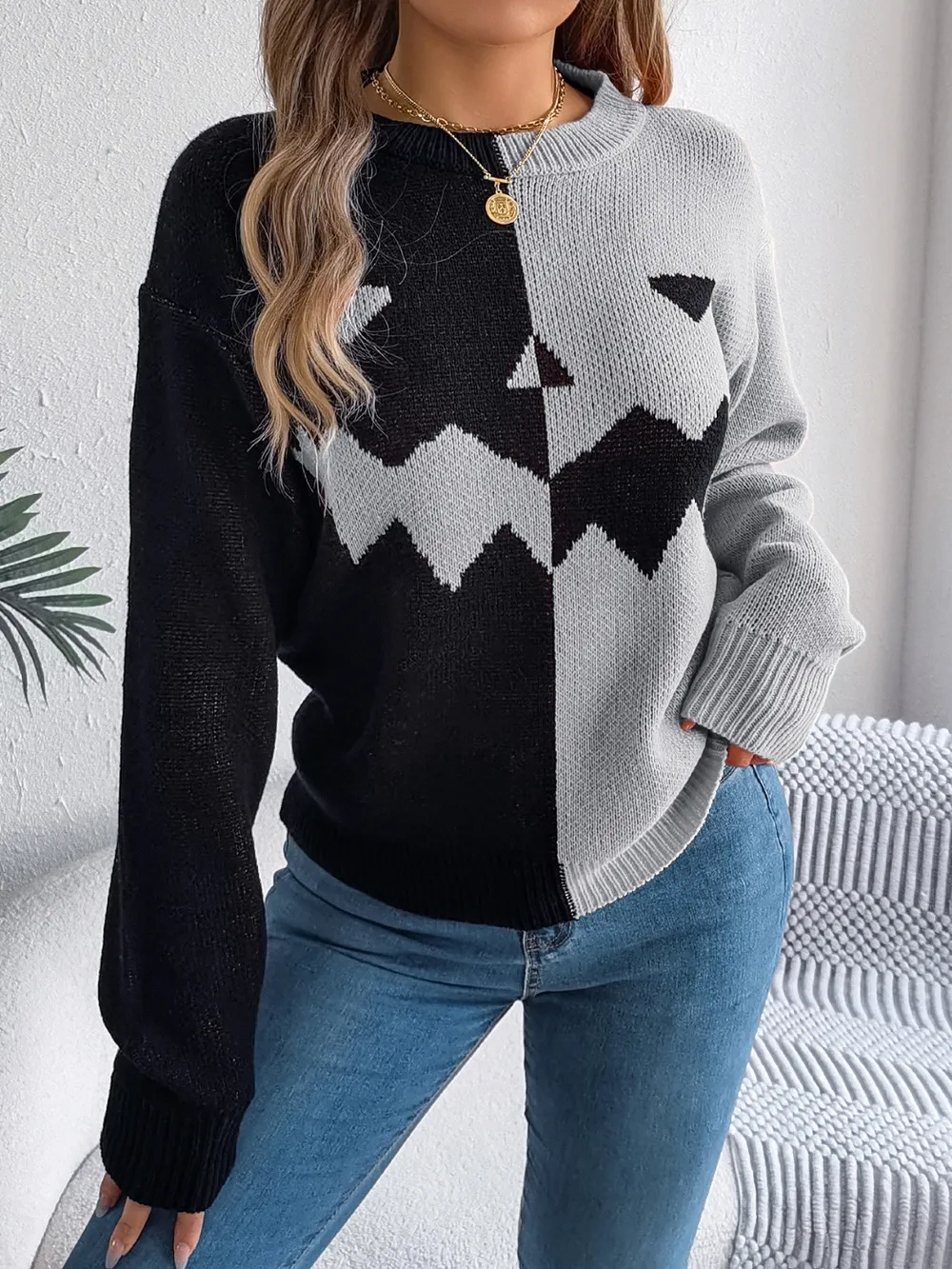 Contrast Round Neck Long Sleeve Sweater, image 12