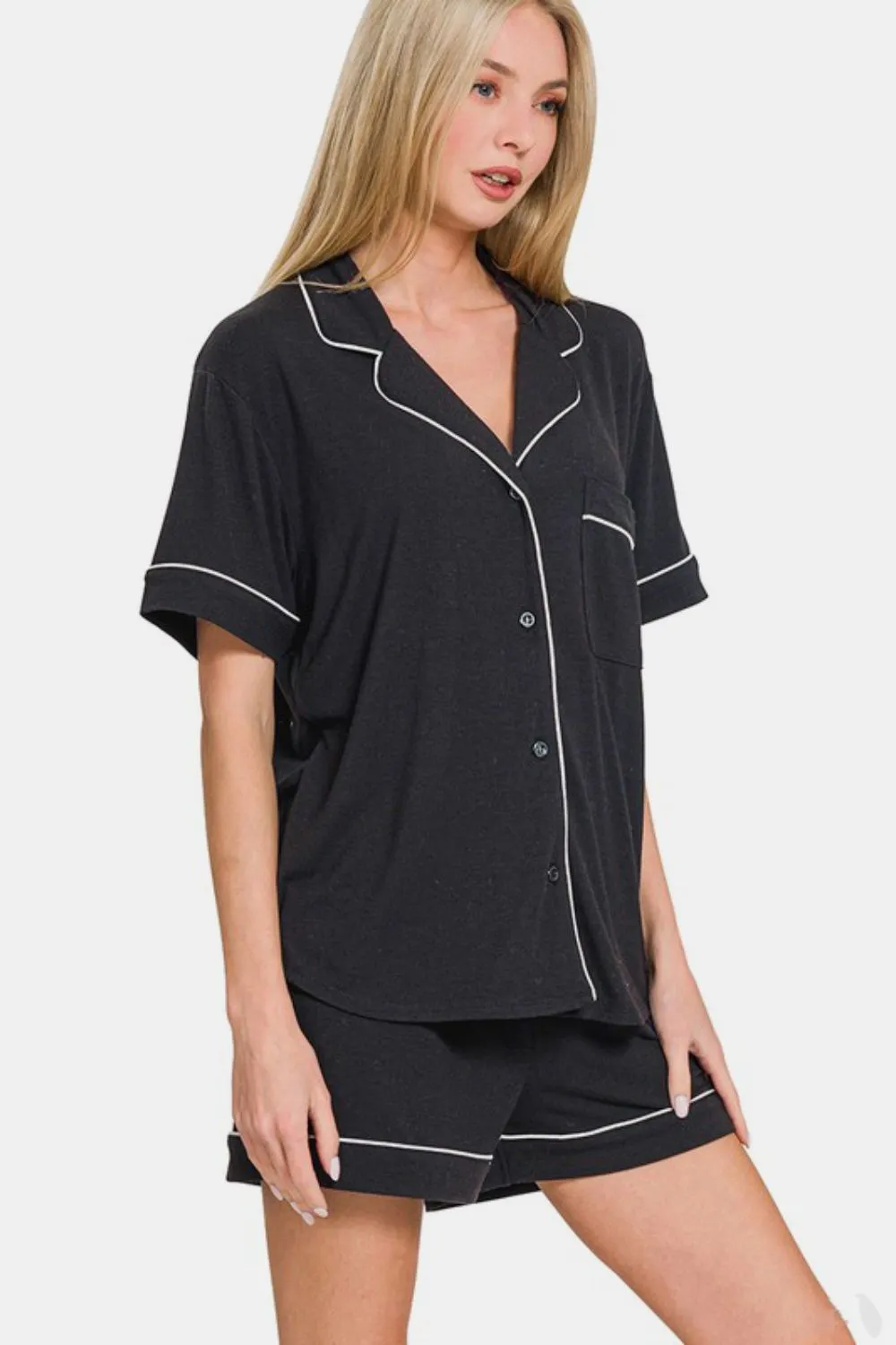 Button Down Short Sleeve Top and Shorts Lounge Set, image 2
