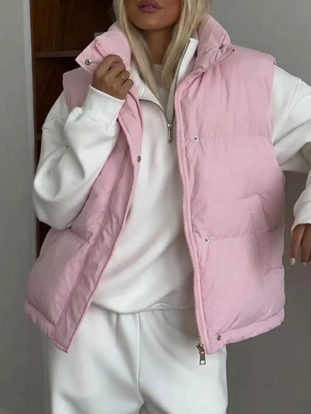 Snap-Button Placket Quilted Puffer Vest Coat, image 3