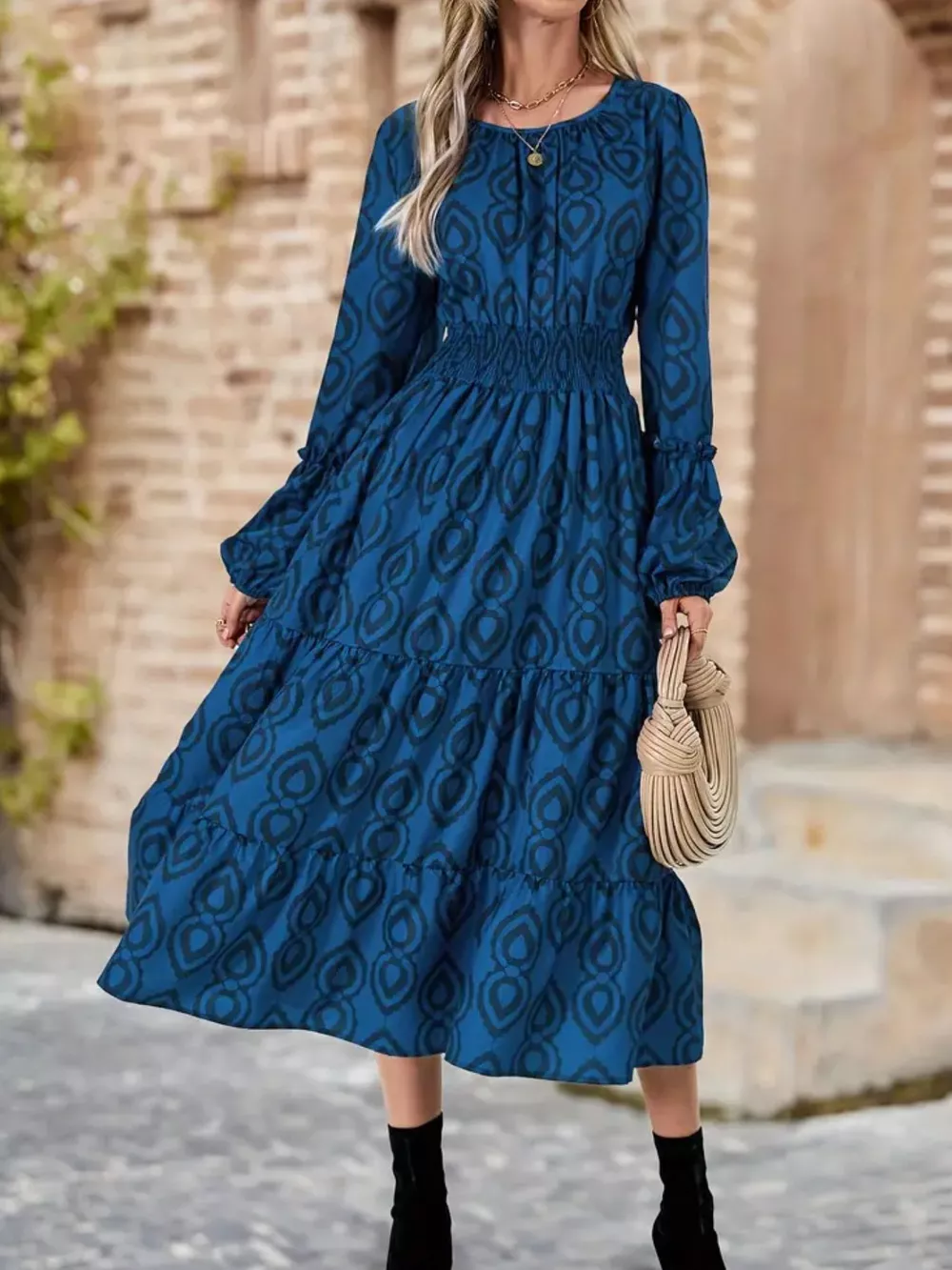 Smocked Round Neck Balloon Sleeve Midi Dress, image 5