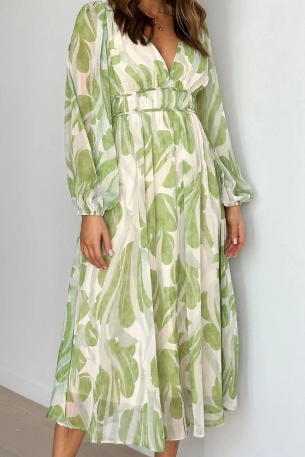 Printed V-Neck Long Sleeve Midi Dress, image 6