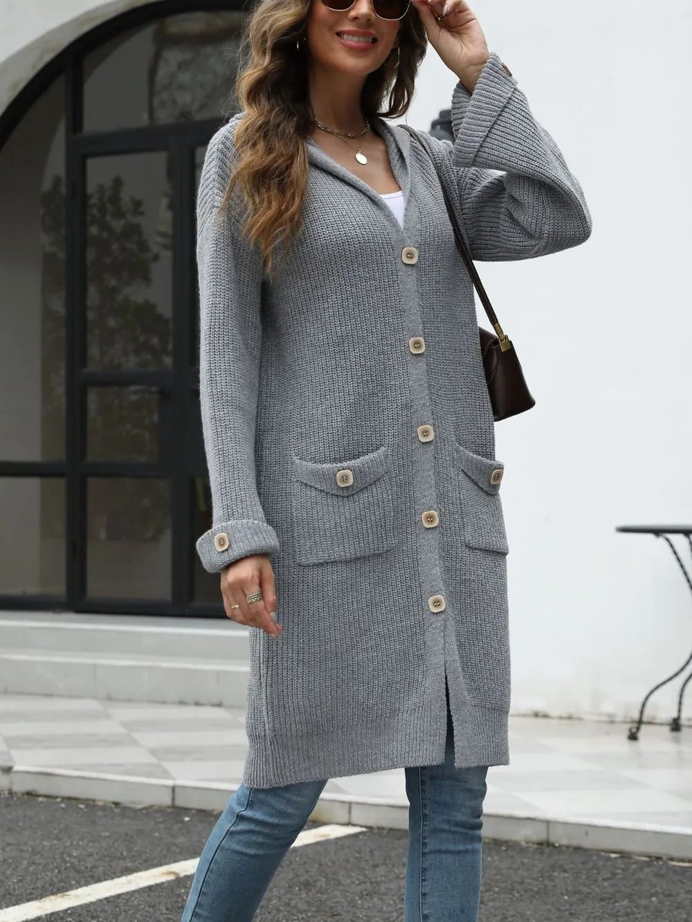 Pocketed Button Up Long Sleeve Hooded Cardigan, image 12