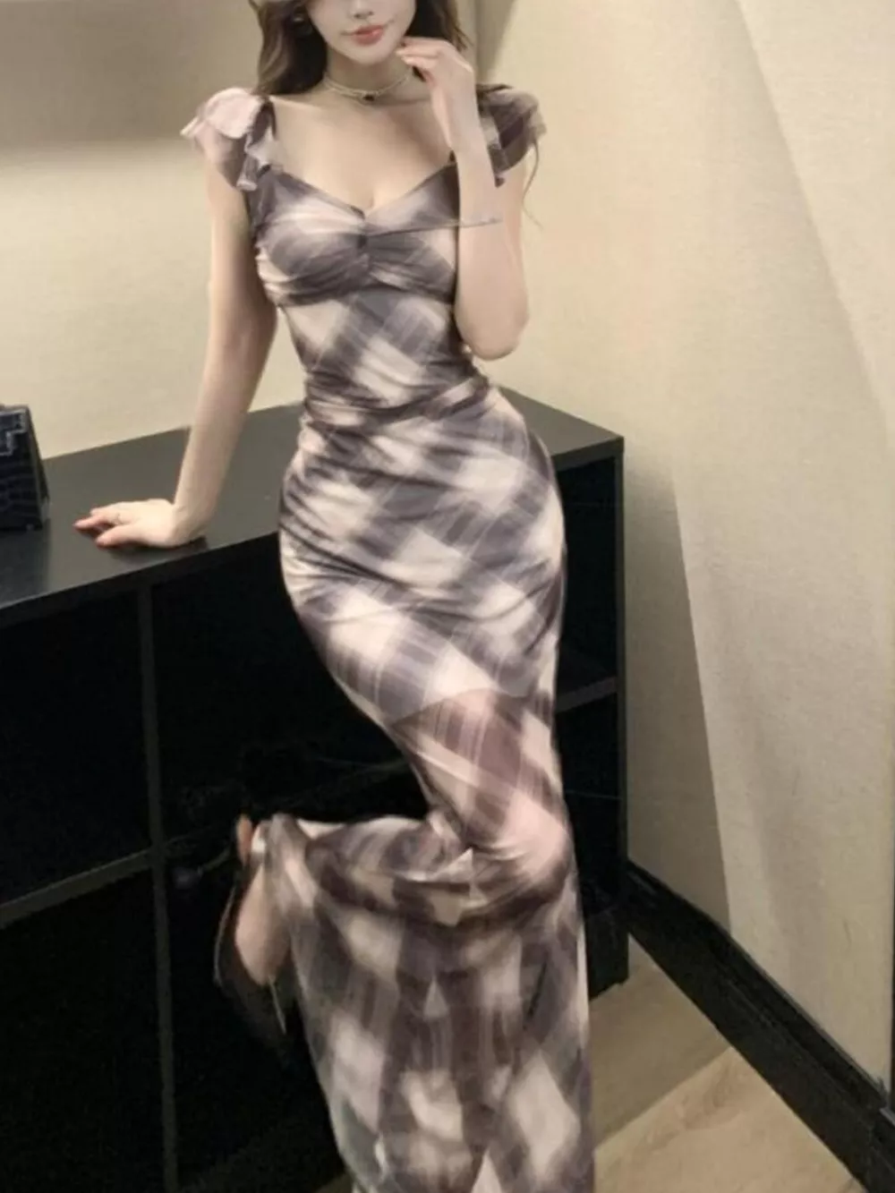 Plaid Ruffle Cap Sleeve Bodycon Maxi Dress, image 5