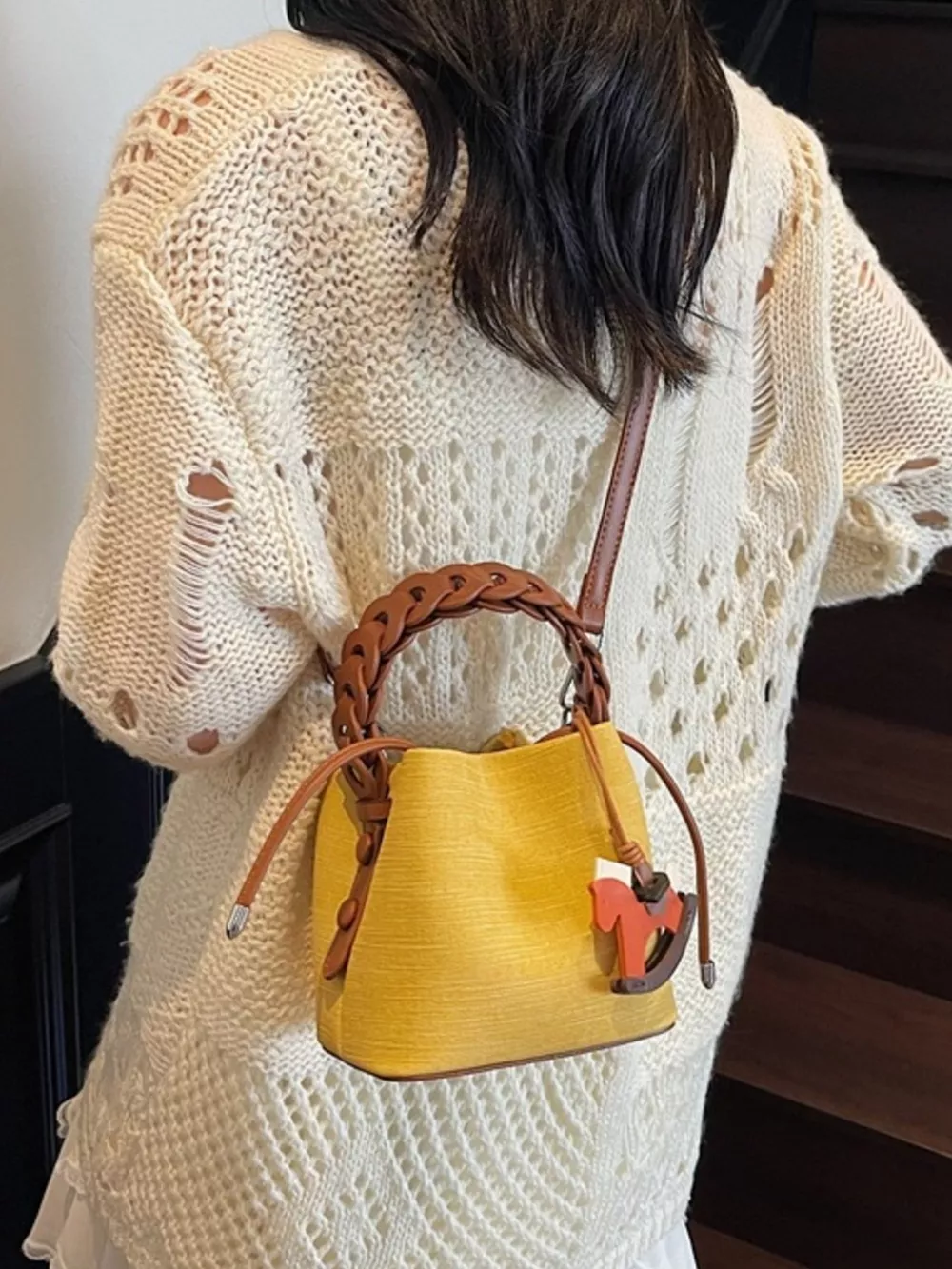 Braided Top Handle Bucket Crossbody Bag, image 4