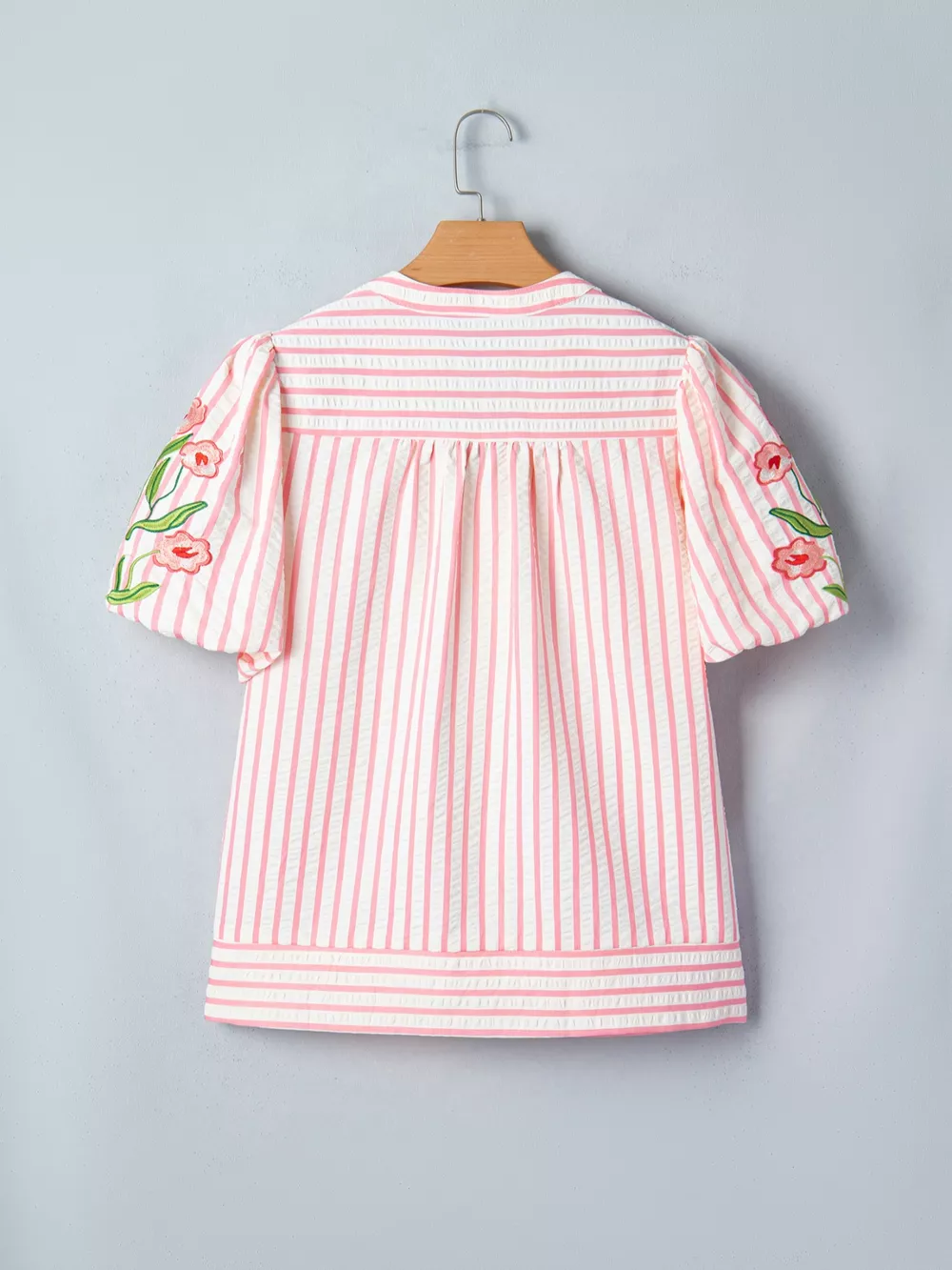 Stripe Print Floral Embroidered Puff Sleeve V Neck Blouse, image 5
