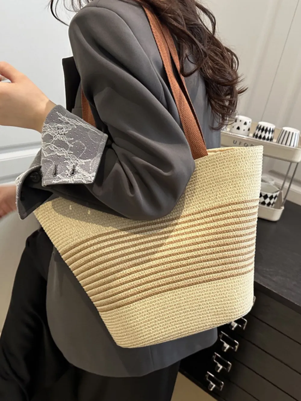 Striped Woven Tote Bag