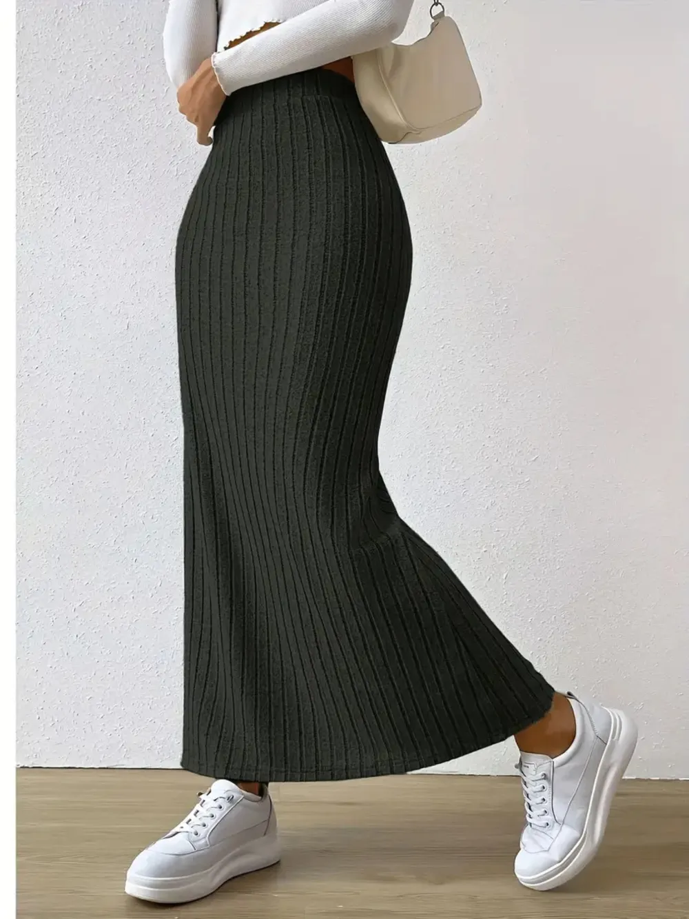High Waist Ribbed Knit Maxi Skirt, image 11