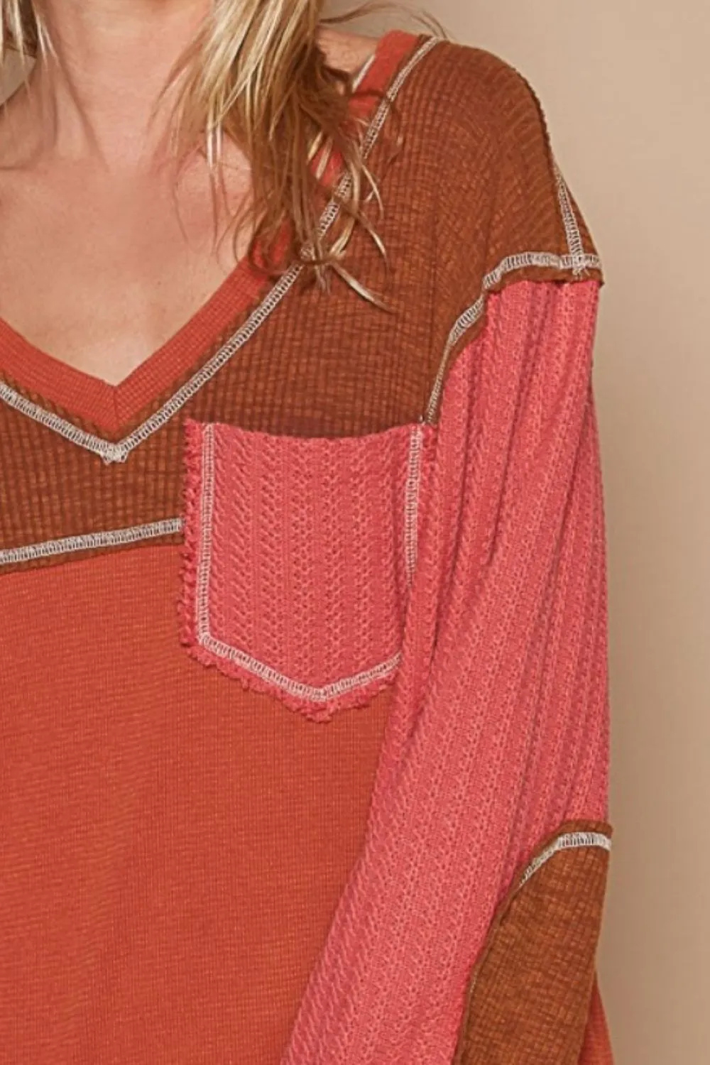 V-Neck Knit Panel Exposed Seam Top, image 3