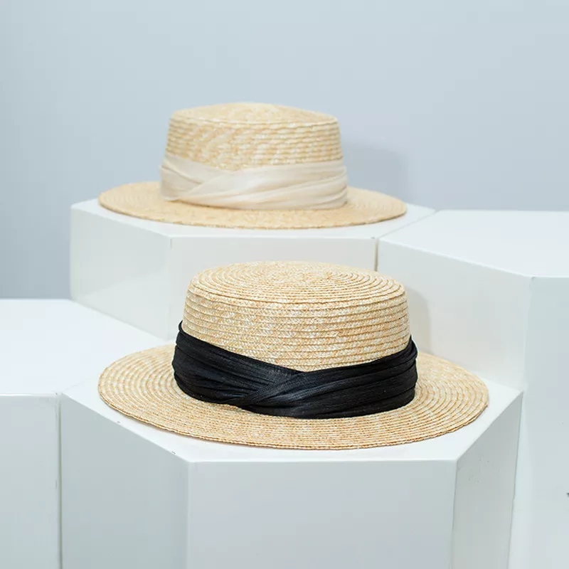 Straw Boater Hat with Ribbon Accent, image 2