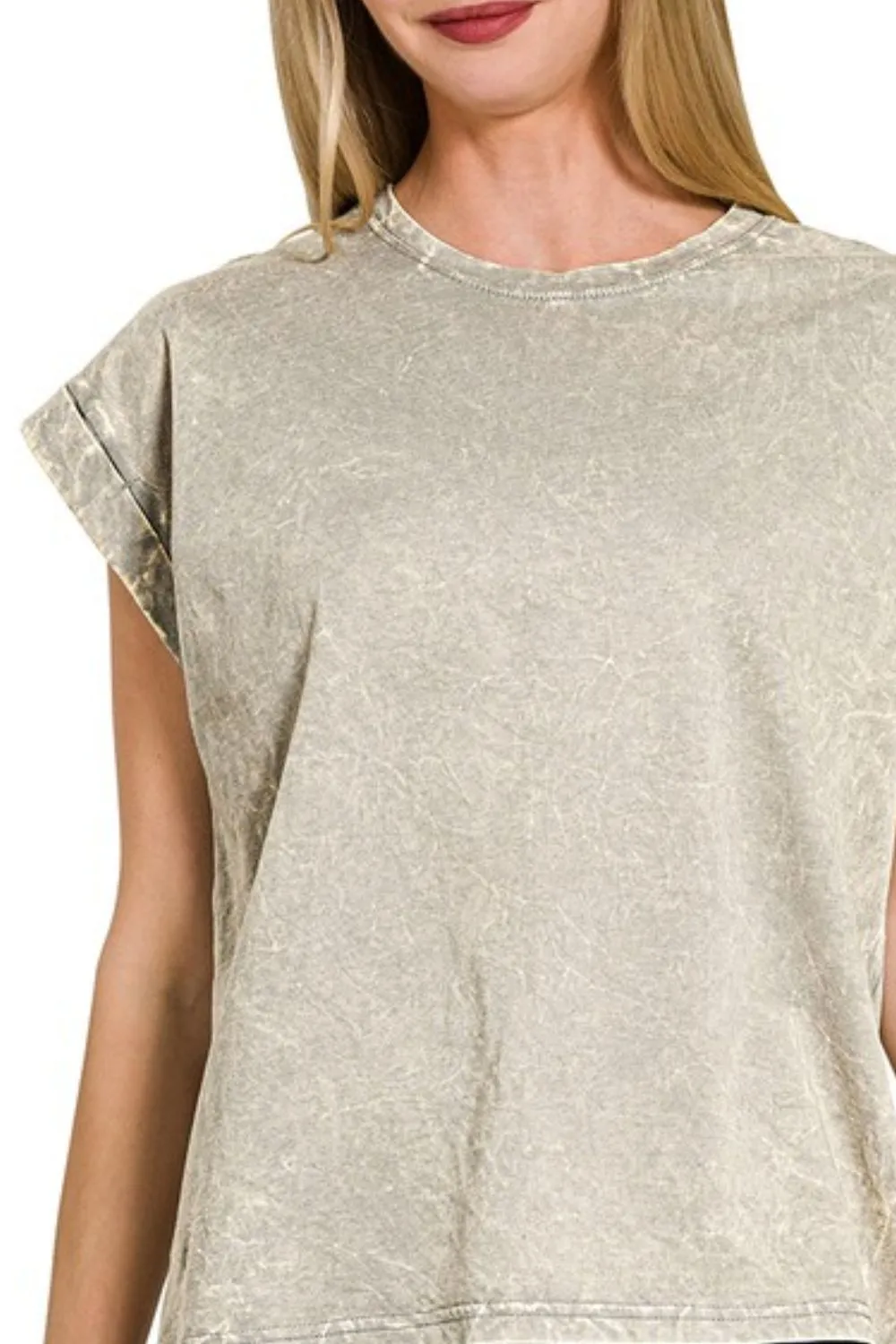 Crinkle Washed Round Neck Folded Short Sleeve Tee, image 2