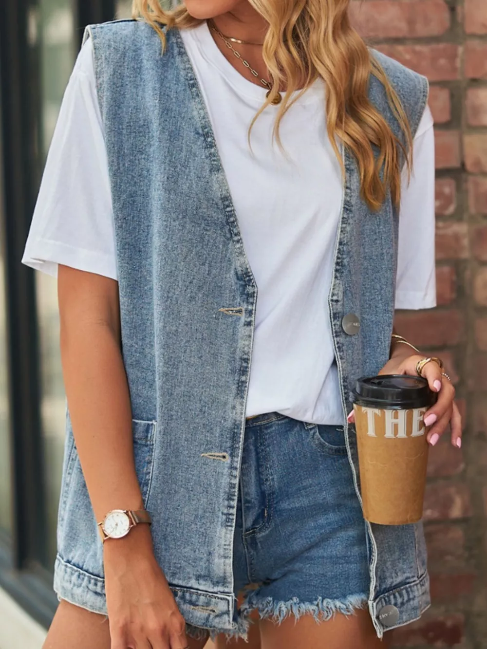 Sleeveless Button-Down Denim Jacket Vest, image 4