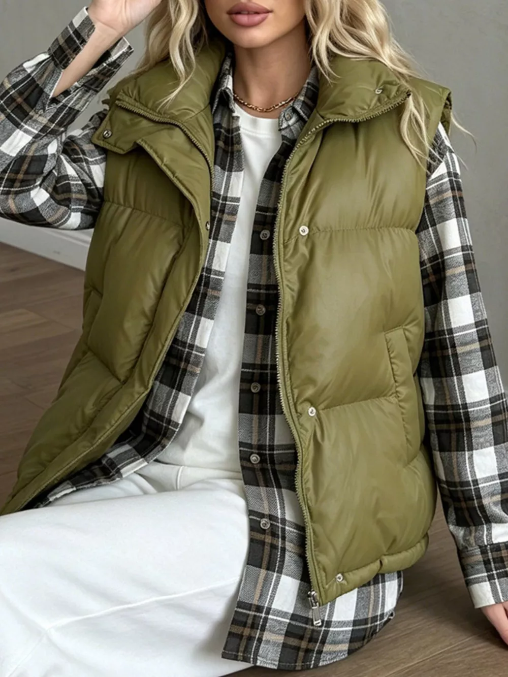 Snap-Button Placket Quilted Puffer Vest Coat, image 15