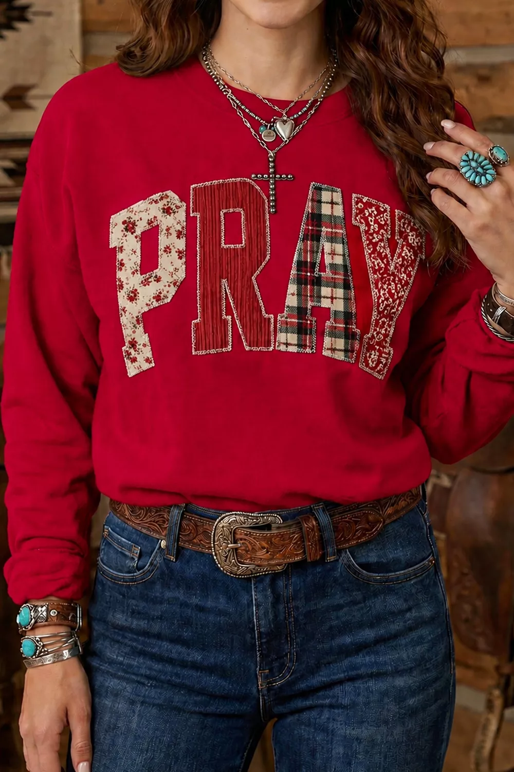 Floral Buffalo Plaid Striped Embroidered Patch Western Sweatshirt, image 2