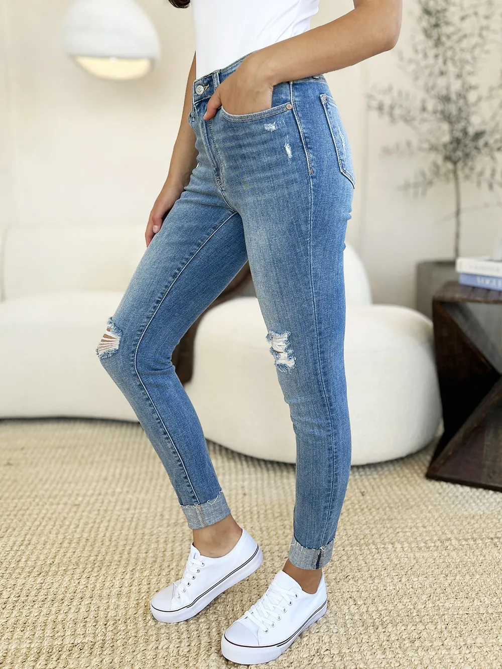 Full Size Mid Rise Destroy & Cuff Skinny Jeans, image 8