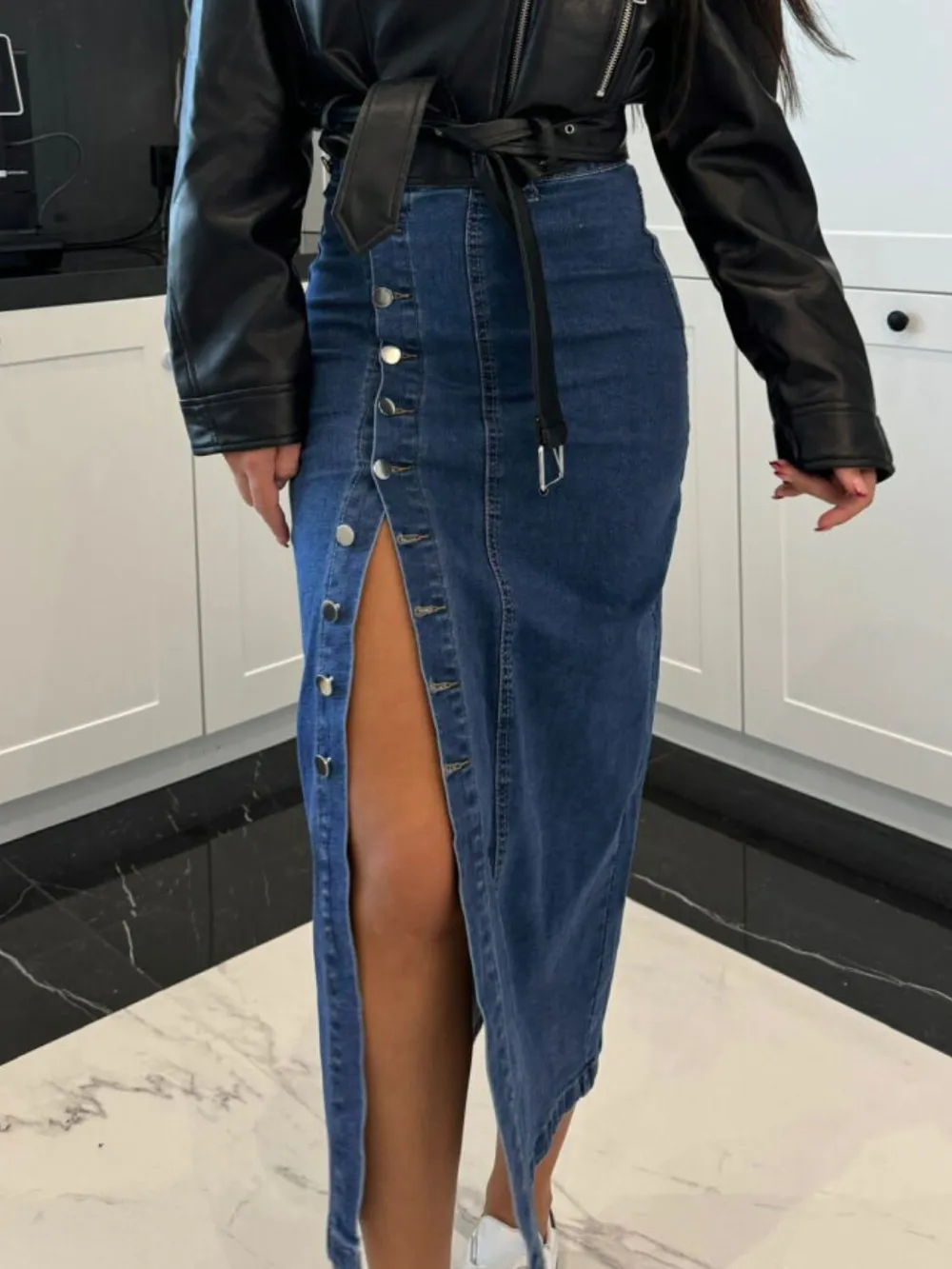 Front Button Slit Midi Denim Skirt, image 6