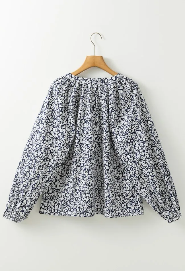 Floral Print Notched Long Sleeve Blouse, image 5