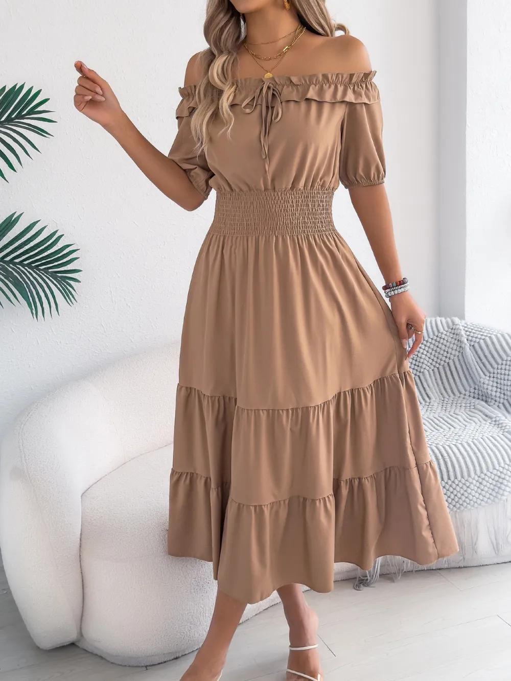 Smocked Off-Shoulder Tiered Dress, image 9