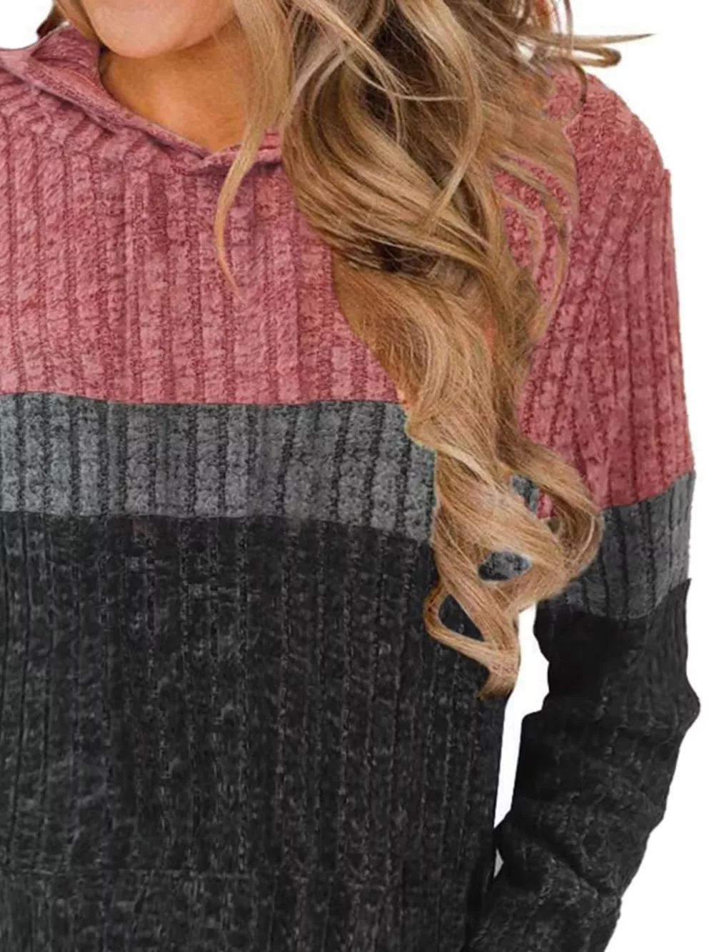Full Size Color Block Ribbed Knit Hoodie Plus Size, image 17