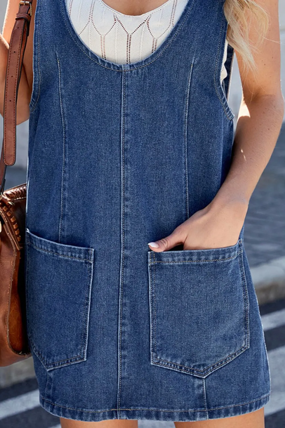 Scoop Neck Denim Overall Dress with Pockets, image 5