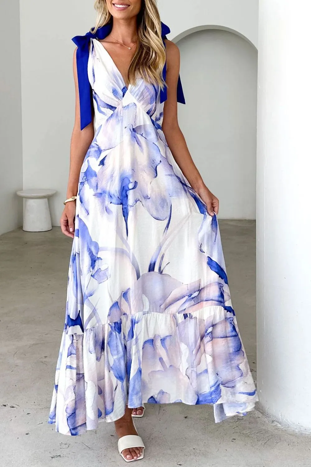 Printed V-Neck Tie Shoulder Midi Cami Dress, image 17