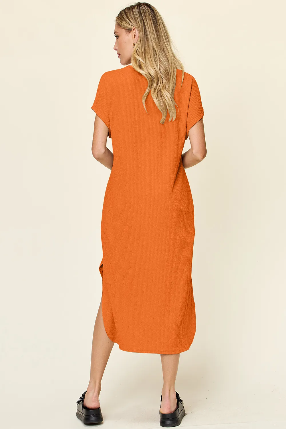 Full Size Round Neck Short Sleeve Slit Dress, image 7