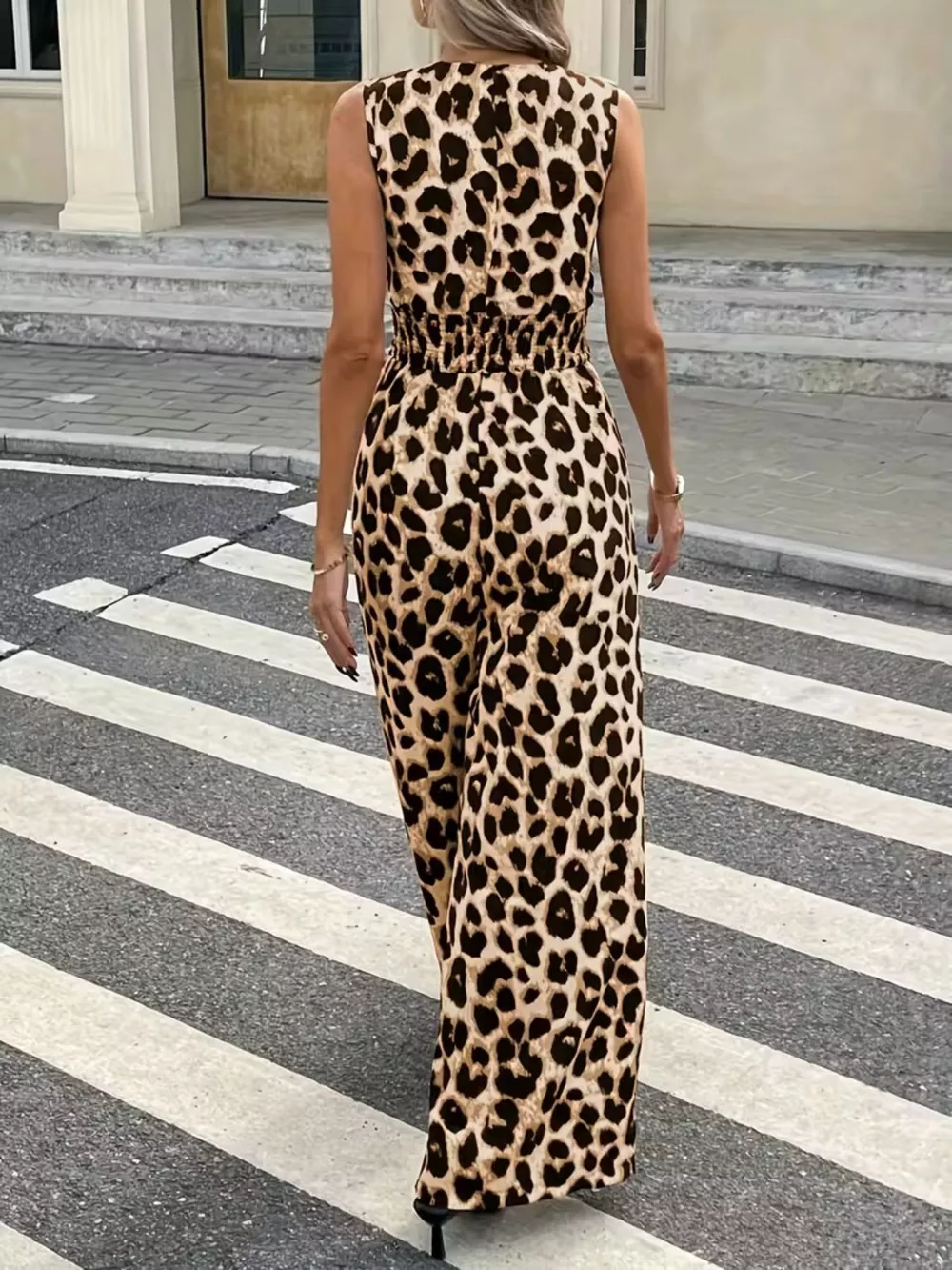 Sleeveless V-Neck Leopard Print Wide Leg Jumpsuit, image 14