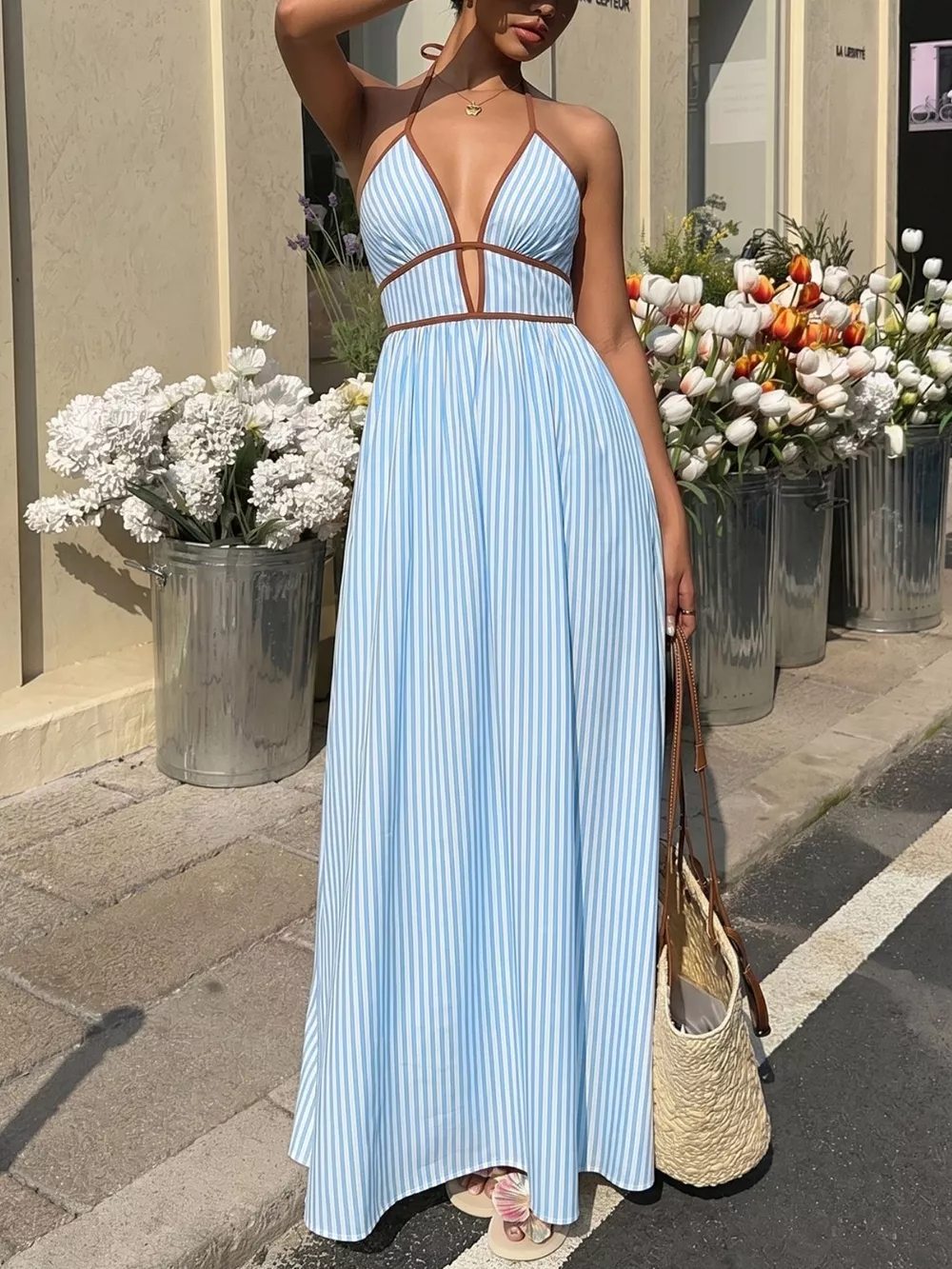Striped Halter Neck Maxi Dress, image 2