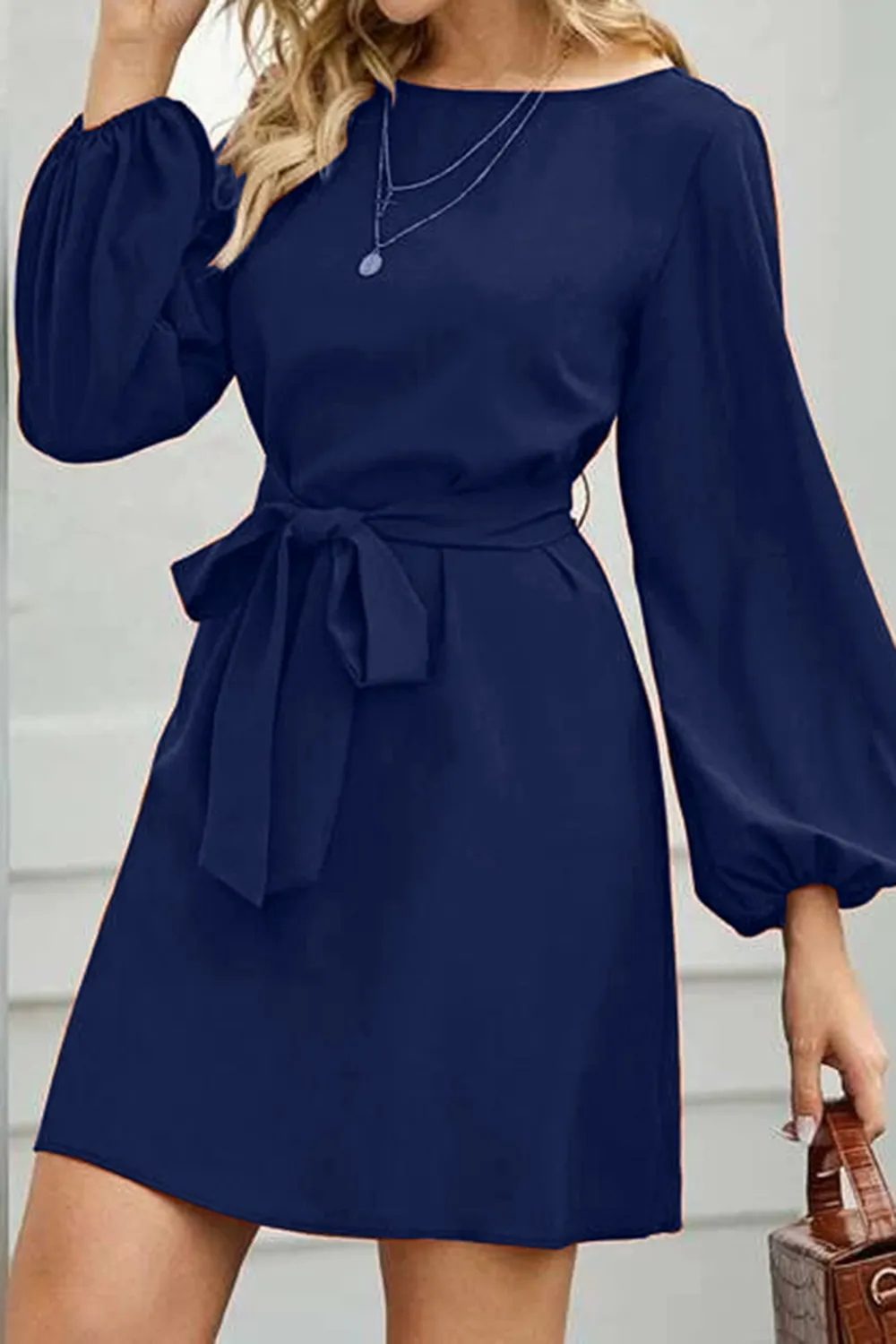 Tied Boat Neck Balloon Sleeve Mini Dress, image 27